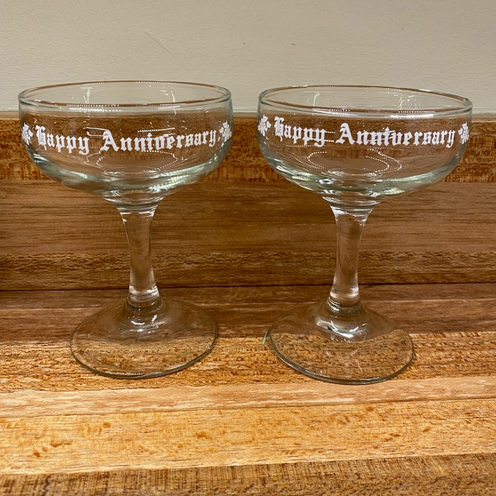 Vintage Happy Anniversary Champagne Toasting Glasses Stemware Set Wedding Gift